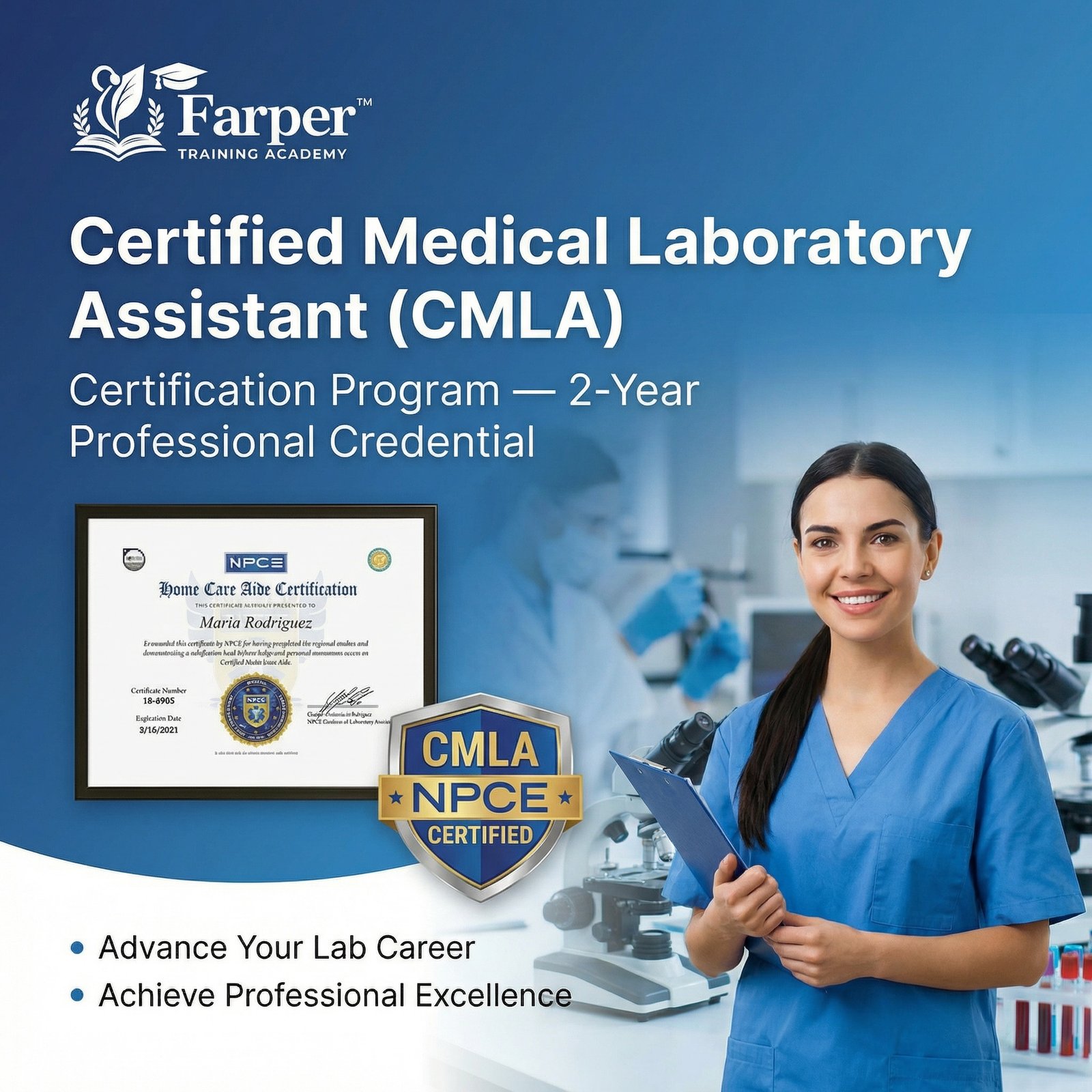 Farper Training Academy™ Certified Medical Laboratory Assistant (CMLA) Certification Program — 2-Year Professional Credential